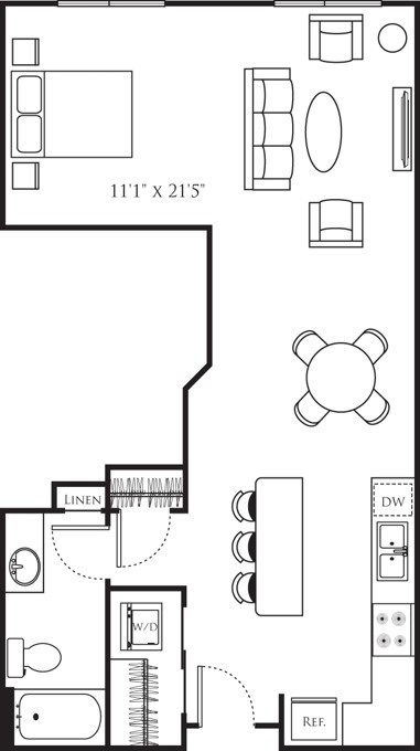 Floor plan for studio, 1 bath, 734 sqft